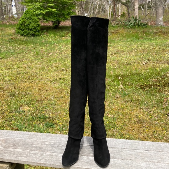 Black Suede OTK Heeled Boots - Picture 2 of 14